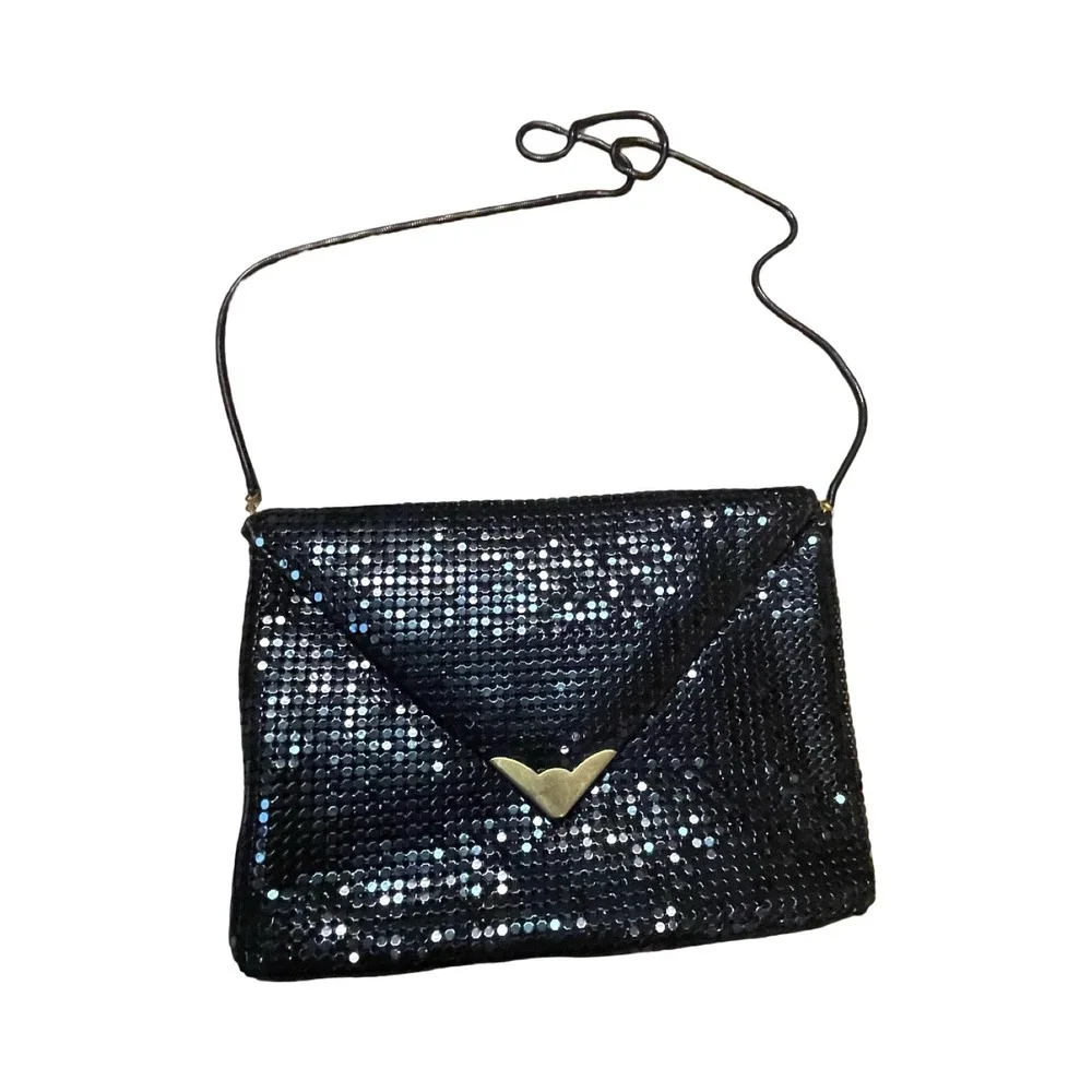 Creative Designs of Italy Black Metal Mesh Envelope Clutch Crossbody Bag Vintage